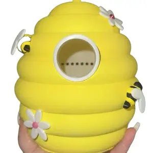3D Printed and Hand Painted Beehive Birdhouse with Yellow Design and Flower Accents