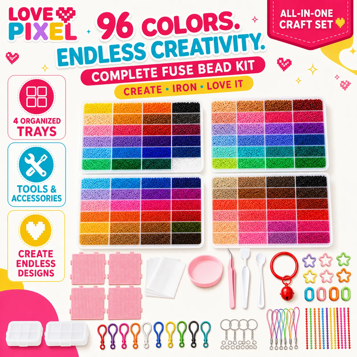 Love Pixel 2.6mm Plastic Fuse Beads Set (24/48/72/96 Colors) - 3D Pixel Puzzle DIY Craft Kit with Nail Board, Ironing Paper, Tweezers, Beading Accessories for Costume Jewelry Making