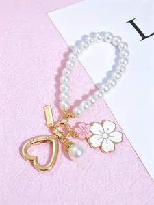 Double Color Flower Alloy Keychain, Cherry Blossom Flower Letter Pearl Accessory, Earphone Case, Bag Charm, All Seasons Cute Style