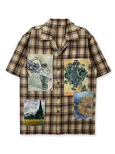 Men's Plaid Checked Patchwork Shirt, Heavy Color, Oil Painting Print, Fitted Short Sleeve, Casual, Unique Design, Versatile Style