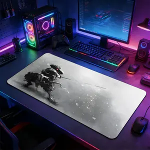 Ink Wash Samurai Large Gaming Mouse Pad, Extended Non-Slip Rubber Base Desk Mat, Monochrome Japanese Warrior Art Computer Accessory, Durable Office Desk Pad for Home Office & Gaming Setup, Ideal Gift for Anime & Martial Arts Fans, Office Accessories
