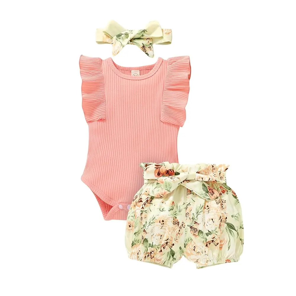 Younger Tree Baby Girls' 3-Piece Newborn Essential Gift Set - Ruffle Sleeve Romper, Floral Shorts, Headband, Minimalist Summer Bodysuit Outfit for 0-3m/6-12m Toddlers, Gift Sets, Newborn Essential Set