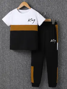 Boy's Letter Print Tee & Side Stripe Sweatpants Set, Colorblock Short Sleeve T-shirt & Jogger Pants, Casual Summer Outfits Clothes for Kids Children, Kids Athletic Clothing, Striped Sets, Youth Kits