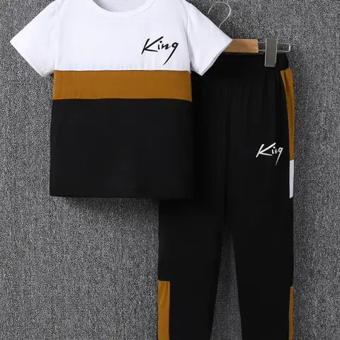 Boy's Letter Print Tee & Side Stripe Sweatpants Set, Round Neck Set, Colorblock Short Sleeve T-shirt & Jogger Pants, Casual Summer Outfits Clothes for Kids Children, Kids Athletic Clothing, Striped Sets, Youth Kits, Combined Set