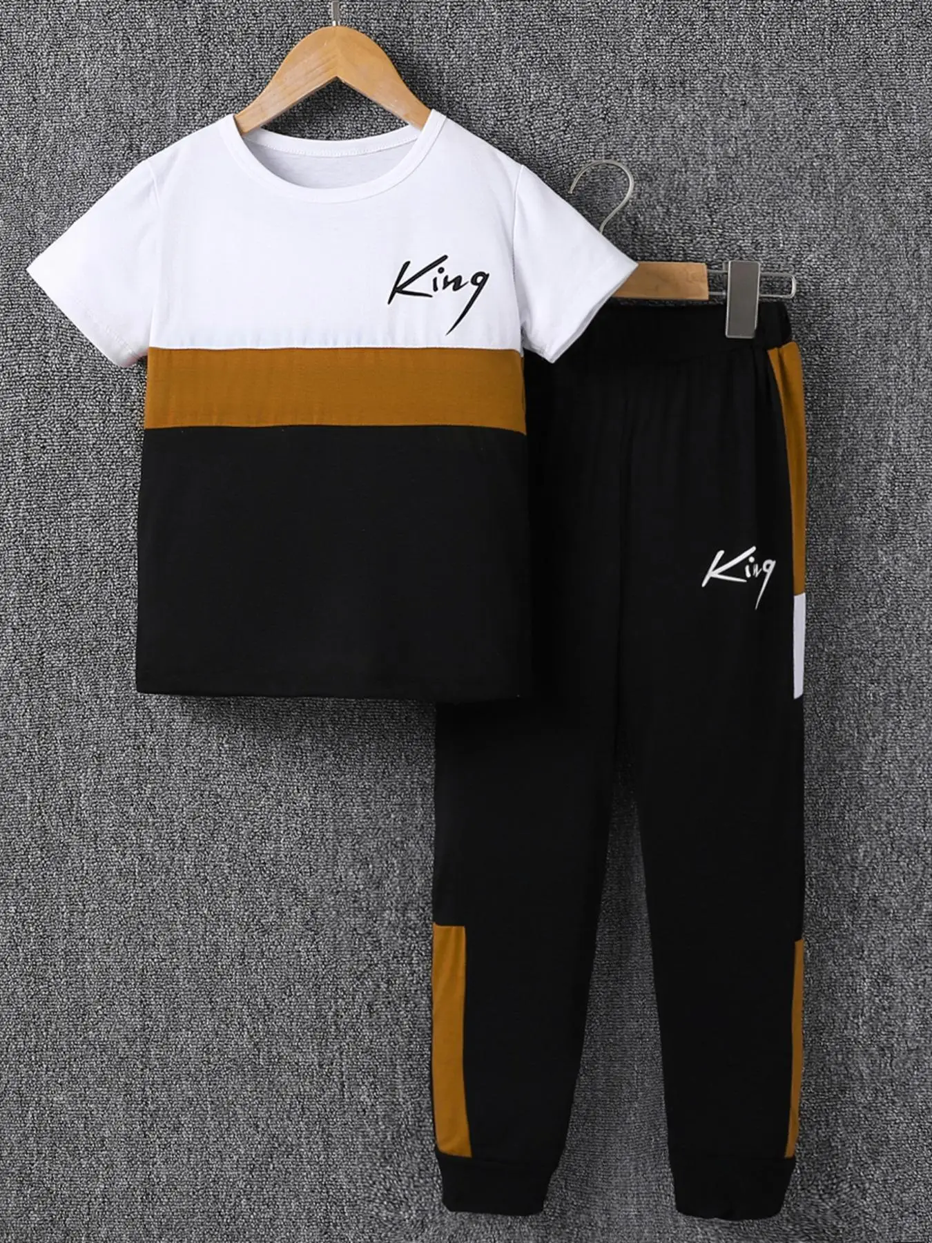 Boy's Letter Print Tee & Side Stripe Sweatpants Set, Colorblock Short Sleeve T-shirt & Jogger Pants, Casual Summer Outfits Clothes for Kids Children,