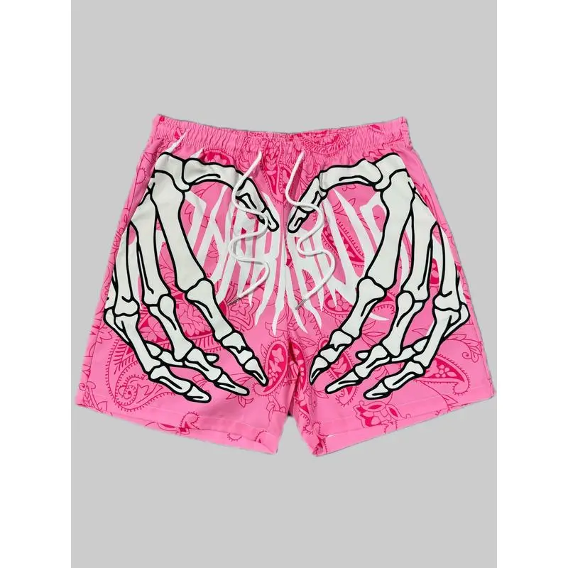 Men's Sporty Chic Graphic Streetwear Shorts in Polyester with a Skeleton & Paisley Print, Drawstring Waist, and Pockets, Graphic Men's Shorts, Skeleton Hand, Allover Print Men's Shorts
