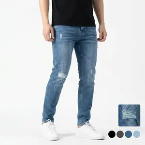 Men's Stretch Fitted Denim Pants Distressed Rips Slim Fit Comfortable Stylish Vintage Punk Design Casual All Season Menswear for Everyday & Streetwear Long Plain with Straight & Flared Legs