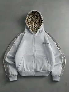 1PC Men's Y2K Zip Up Graphic Hoodie Oversized Streetwear Grey Polyester Jacket with Leopard Print Lining and Star Embroidery for Casual Daily Outfits