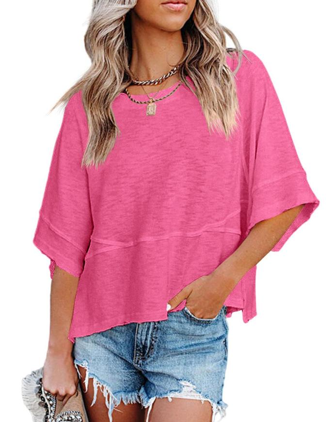 Women’s Summer Casual Crewneck Batwing Half Sleeve Top, Solid Color Loose Fit Flowy Basic T-Shirt Blouse for Everyday Wear