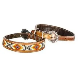 Leather Dog Collar Beaded Inlay Red, Orange, and Yellow