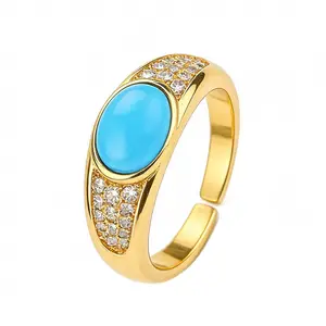 18K Yellow Gold Plated Oval 9X7MM Blue Turquoise Gemstone & Sparkling Diamonds Designer Vintage Ring Open End Rings for Women, Color Stone Birthstone Rings in Sizes 5-7,Women Jewelry