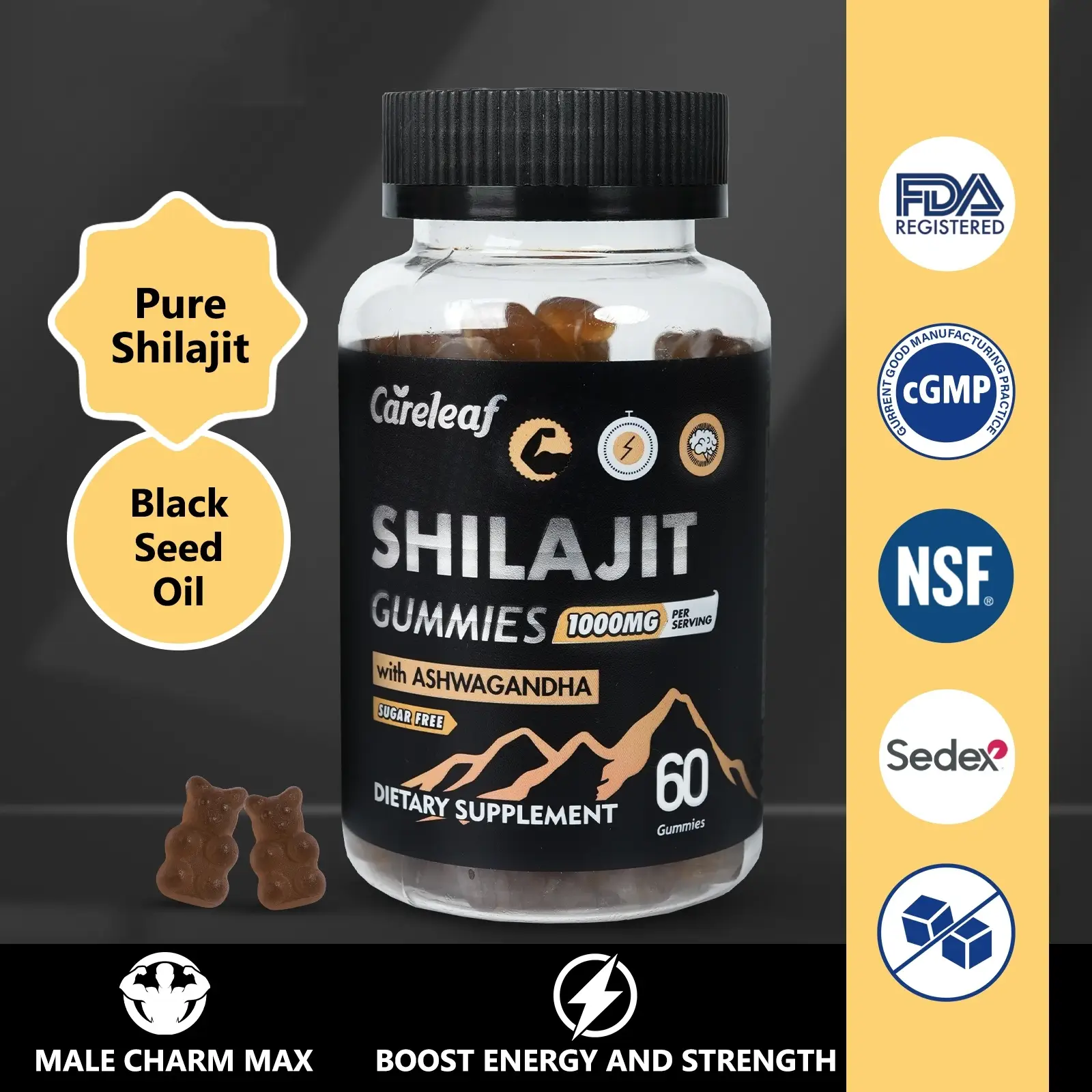 Careleaf Sugar-Free 1000mg Pure Shilajit Gold Gummies with Ashwagandha-Energy, Brain & Immunity Support for Men- Vegan Healthcare Fitness Supplement-6