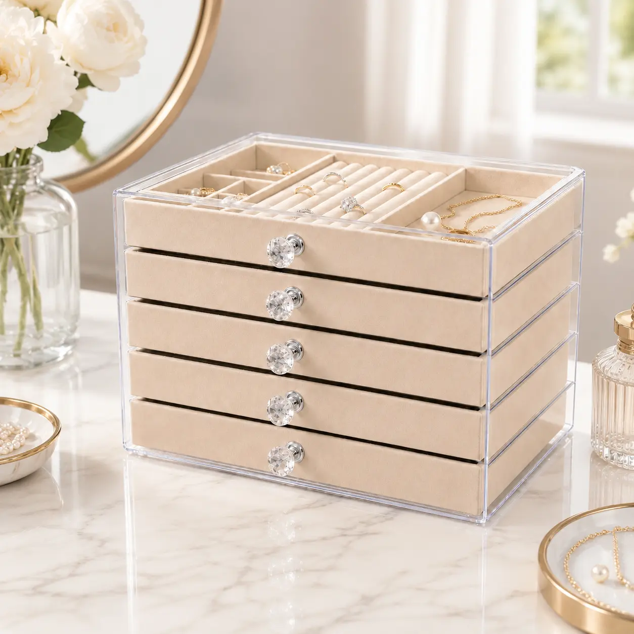 Clear Acrylic Jewelry Organizer with 5 Velvet Drawers, Stackable Jewelry Storage Box for Rings Earrings Necklaces Bracelets and Watches