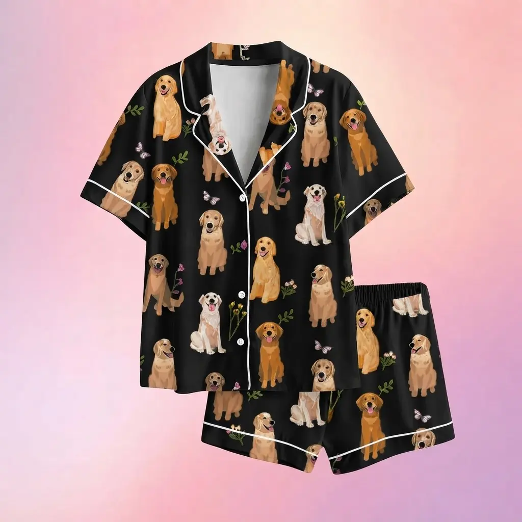 Black Dog Print Pajama Set Women, Cute Golden Retriever Sleepwear, Satin Button Up Pajamas, Aesthetic Loungewear Cozy Nightwear Gift for Her