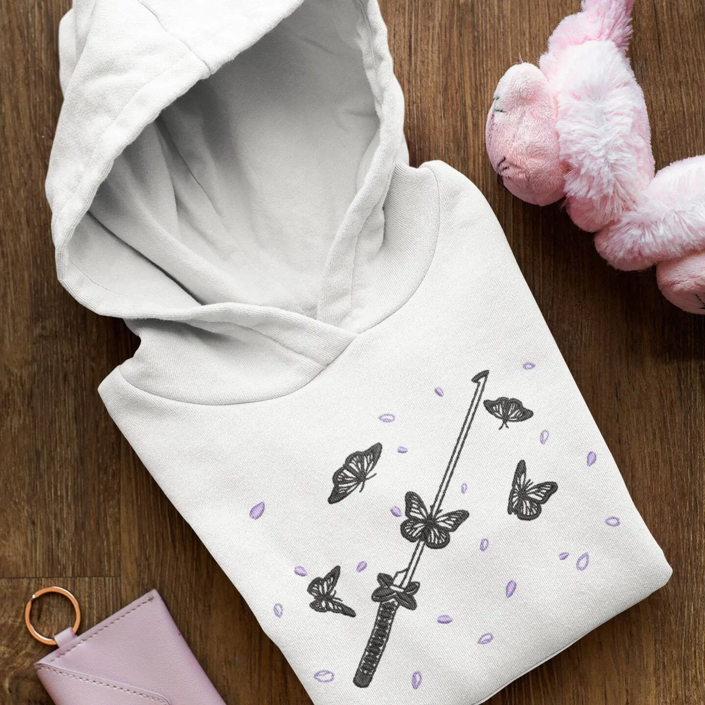 Embroidered Shinobu Butterfly Sword Hooded Sweater for Men - 80% Cotton 20% Polyester - Menswear