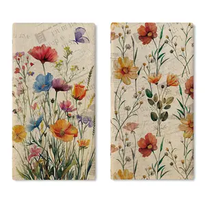 Vintage Flower Kitchen Dish Towels Set of 2, Retro Floral Butterfly Drying Hand Towel Baking Cooking Cloth, Spring Summer Wildflower Bathroom Home Decoration 18'' x 26''