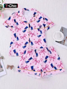 2-piece women's full body pink bow love drink bottle Print short sleeved shorts soft and comfortable skin friendly smooth top small pocket button closure elastic waistband suitable for all seasons home casual wear pajamas
