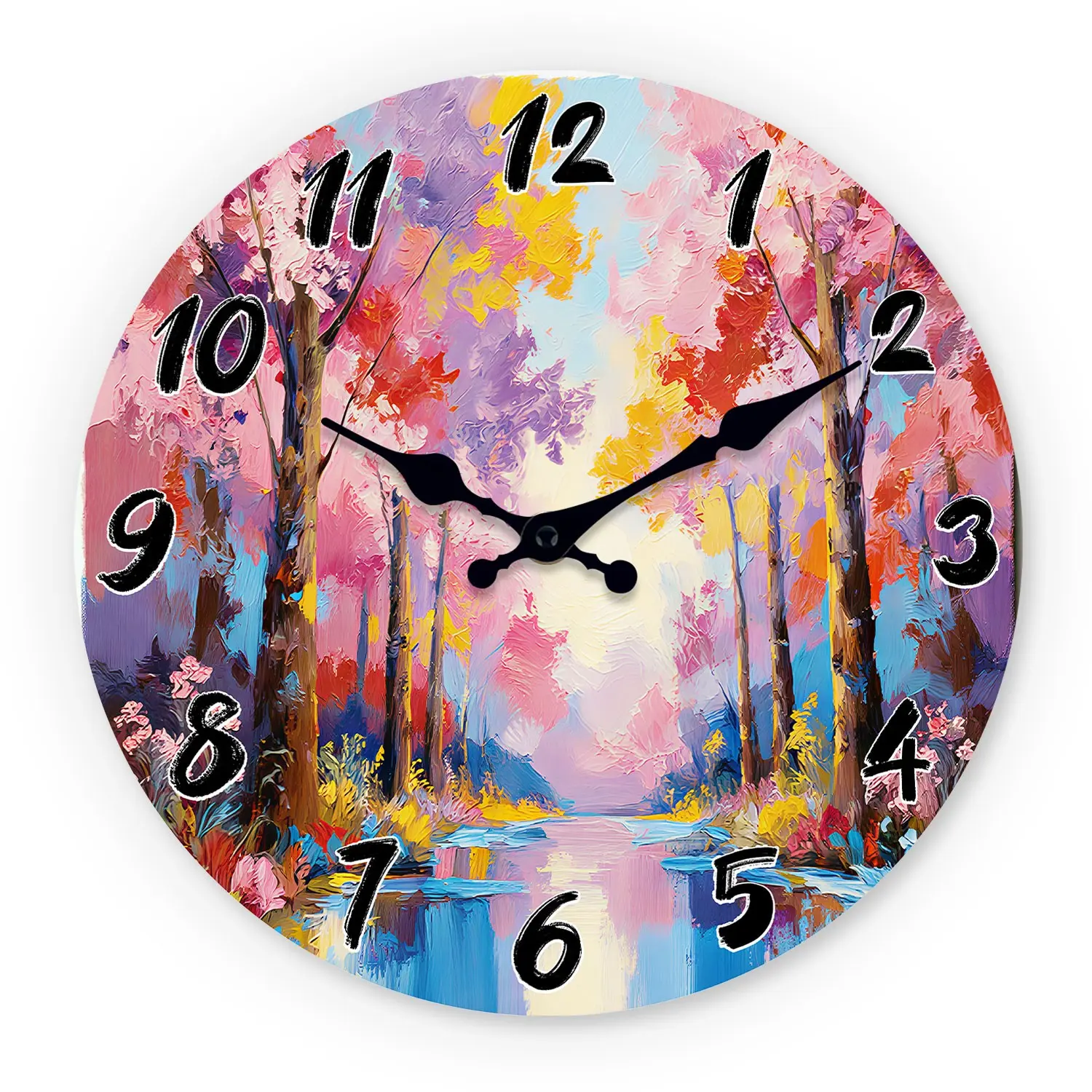 Impressionist Forest River Scene Wooden Wall Clock, 10-14 Inch Silent Clock, Aa Battery Powered, Perfect for Living Room Bedroom Study
