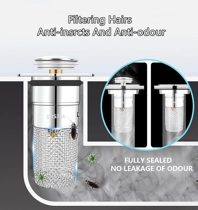 Bathroom Sink Stopper Hair Catcher,Pop-Up Bathroom Sink Drain Strainer with Removable Stainless Steel Filter Basket, Universal Sink Stopper for Bathroom & Kitchen,Modern Anti-Odor,Brass Core,Easy Installation,Drainage Function