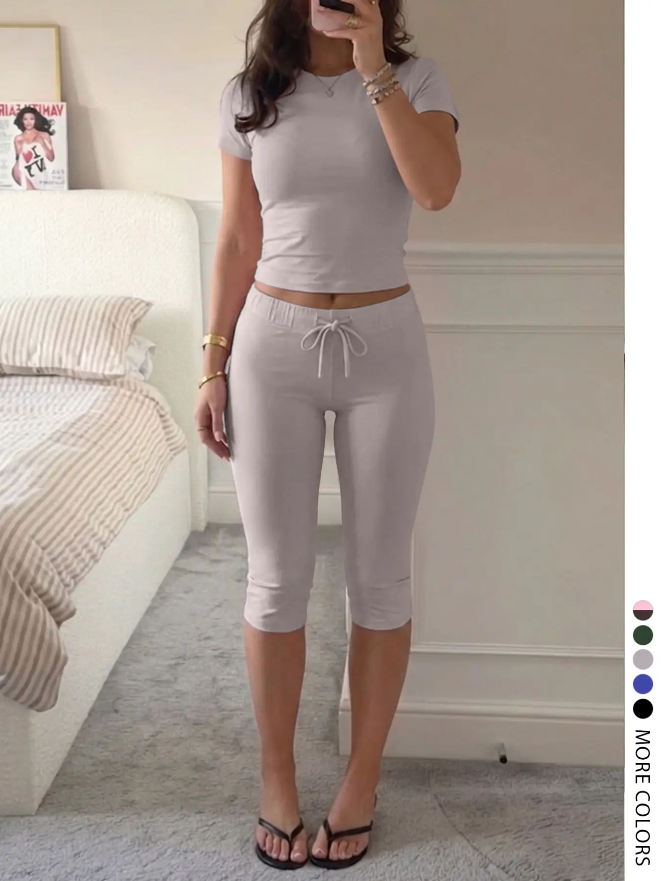Lw Home Women's Fashion Casual Basic Solid Color Round Neck Short Sleeve T-Shirt and Drawstring Adjustable Seven-Eighths Pants Cozy Set, Summer Home Wear Womenswear