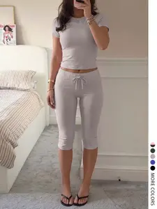 Lw Home Women's Fashion Casual Solid Color Round Neck Short Sleeve T-Shirt and Drawstring Adjustable Seven-Eighths Pants Set, Summer Home Wear Womenswear