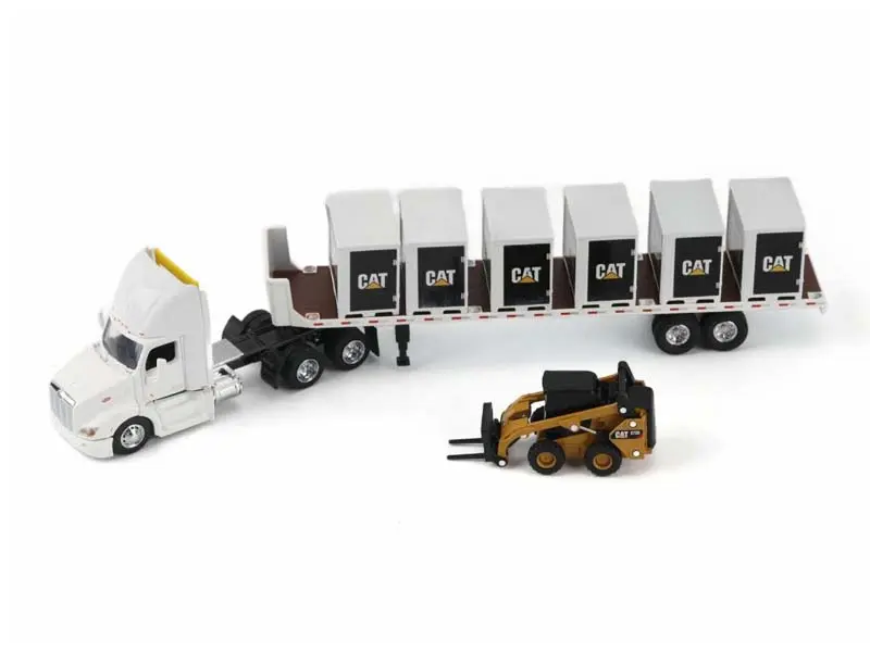 PRE-ORDER Peterbilt Truck White w/ Flatbed Trailer - CAT Steer Loader and 6 Pallet Boxes Diecast 1:64 Scale Model - Diecast Masters 84676