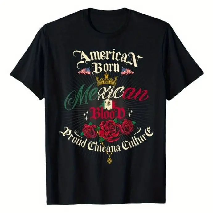 Women's Tshirt Chicana Style for Women American Born Mexican Blood Chingona Round Neck Short Sleeve T-shirt Black for Daily Wear