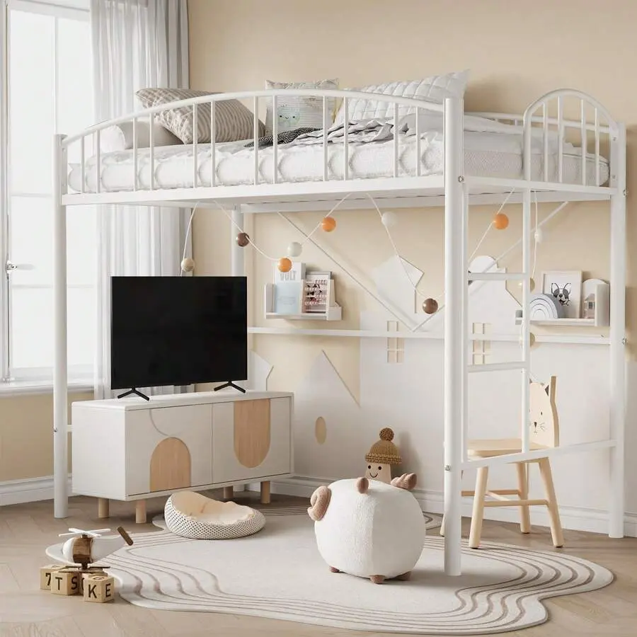 Loft  Frame, Single Double , Heavy Duty Metal Loft  Frame With Arched Guardrails And Safety Ladder, Space Saving, No Box Spring Required, Matte Grey, Black, White bed Multi-Tier Blanket