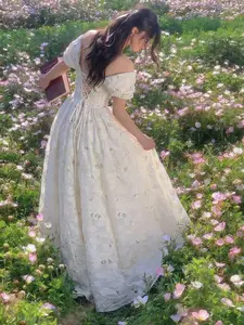 Women's Apricot Off-Shoulder Elegant Beaded Embroidery Dress,Vacation Dress,Floral Dress,Spring/Summer Outfits, Tea Party Dress, Holidays, Birthday,Festival,Wedding Garden Party Dresses Floral ,Wedding Guest Dress For Women,White Dress,Sequin Dress,Backle