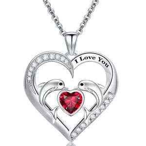 EMMA MANOR EM Heart Pendant Necklace 14k White Gold Plated Cubic Zirconia I Love You Dolphin Design for Women Elegant Jewelry Gift