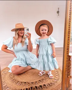 Light Blue Puff Sleeve Mini Tiered Dress, mommy and me, summer dresses
