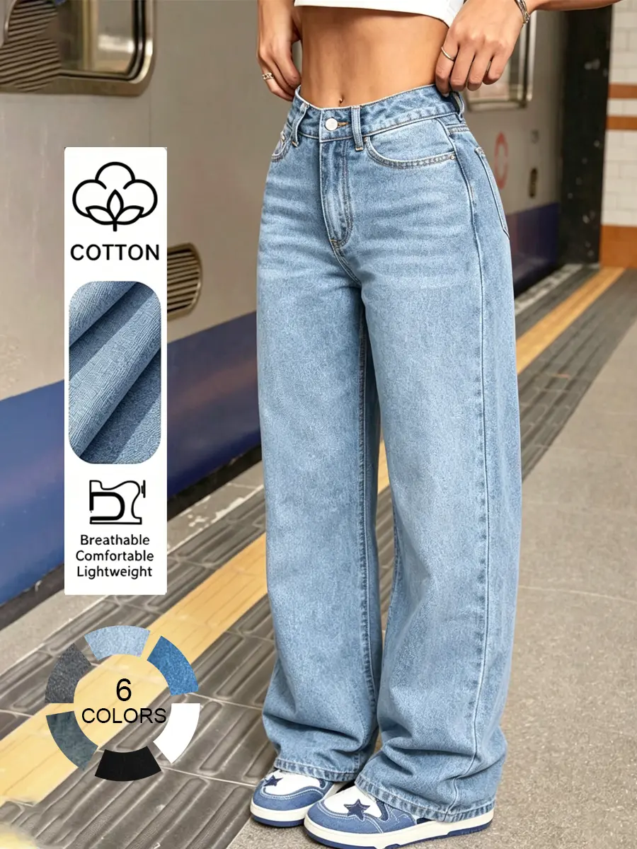 Women's Mid-Waist Straight Leg Denim Jeans - Tummy Control, Cotton Blend Washed, Baggy Bottoms, Streetwear Casual Loose Fit, Rugged Charm, Mother Jeans, Basic Trousers, Clothes