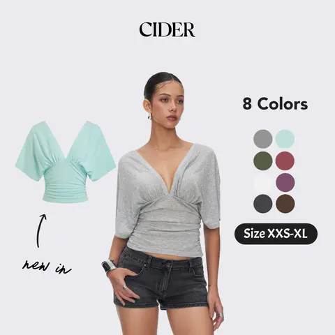 Cider Lyocell-blend V-neck Batwing Sleeve Lightweight Ruched Slim Tee