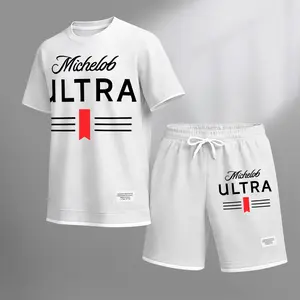 Men's vintage beverage print drawstring shorts set, suitable for spring and summer wear. This casual summer set includes a short-sleeved shirt and shorts, perfect for everyday wear and sports. Two-piece set design.