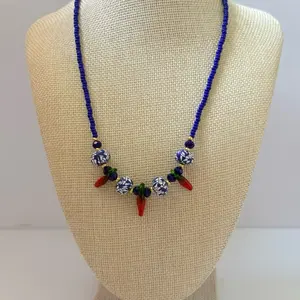 Navy Blue Necklace with Red Chilis - Unique Beaded Design for Women's Fashion