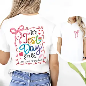 100 Cotton Casual Style T-Shirt It's Test Day Yall Don't Stress Do Your Best Rainbow Apple And Bow Design Back Print Perfect For School Days And Exam Season Ideal Gift For Students And Teachers