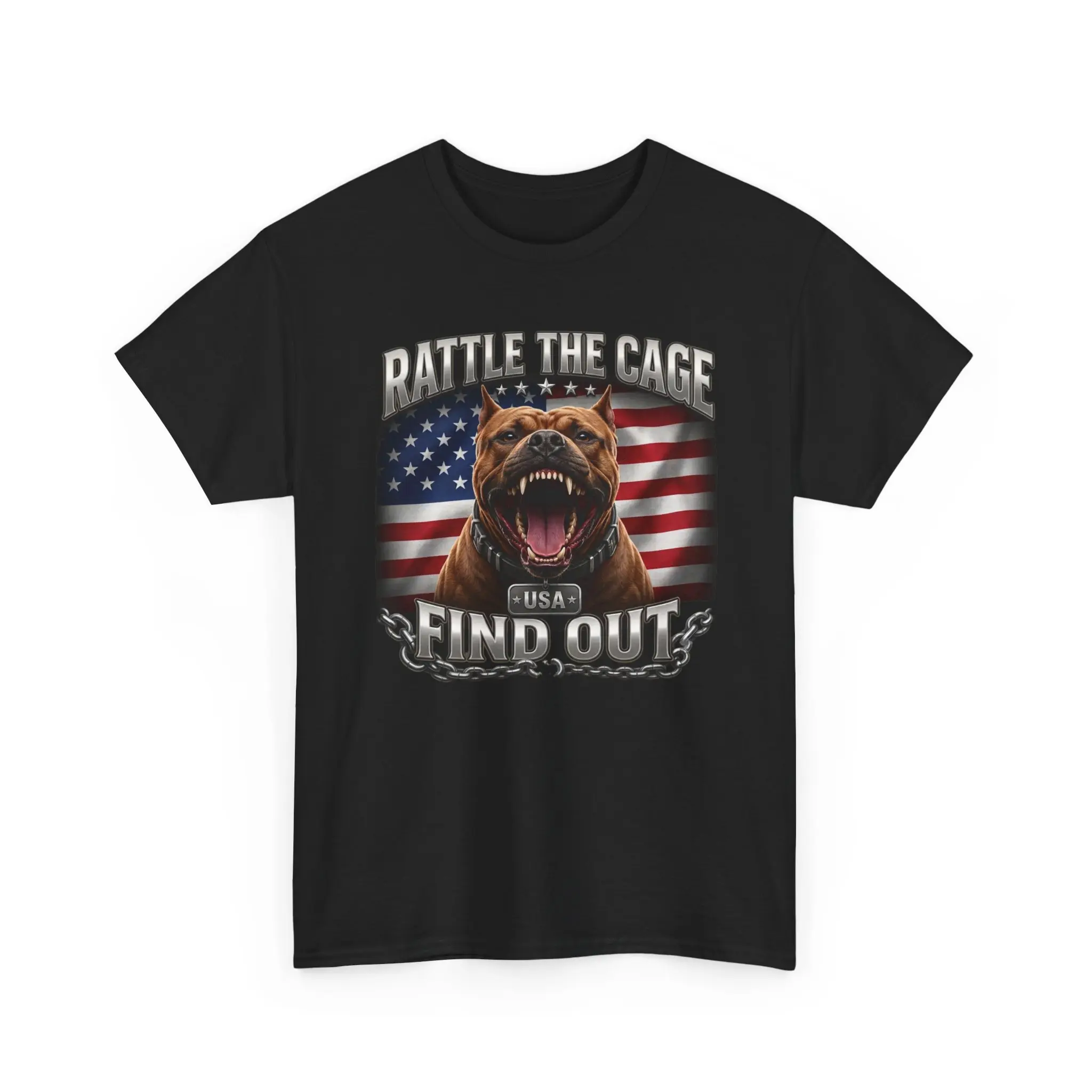 Rattle The Cage Find Out Pitbull T-Shirt | Modern Metallic Text Graphic Tee, Patriotic USA American Flag Guard Dog Bull Breed Unisex T-Shirt
