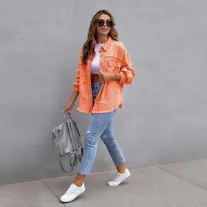 Women's Pocket Ripped Raw Hem Coat, Casual Button Front Drop Shoulder Outerwear, Ease Of Wear, Going Out Tops, Minimalist Longsleeves Coat, Ladies, Clothes for Fall, Downtown Girl Clothes, Vintage 90s Tops Womenswear Jackets Basic Rose Red