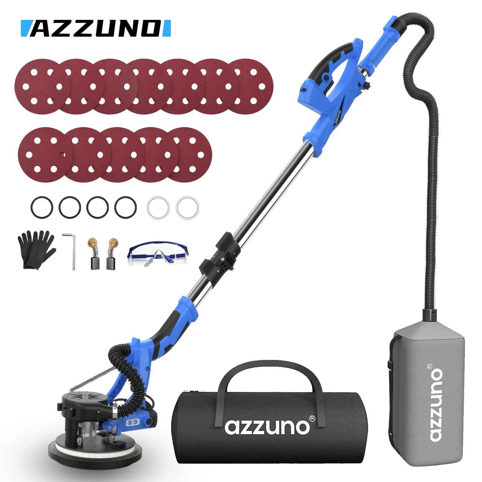 AZZUNO Model DMJ001 Blue Electric Drywall Sander with Vacuum Dust Collection, Adjustable Speed, LED Light, Foldable Handle, Sanding Disc and Grid.