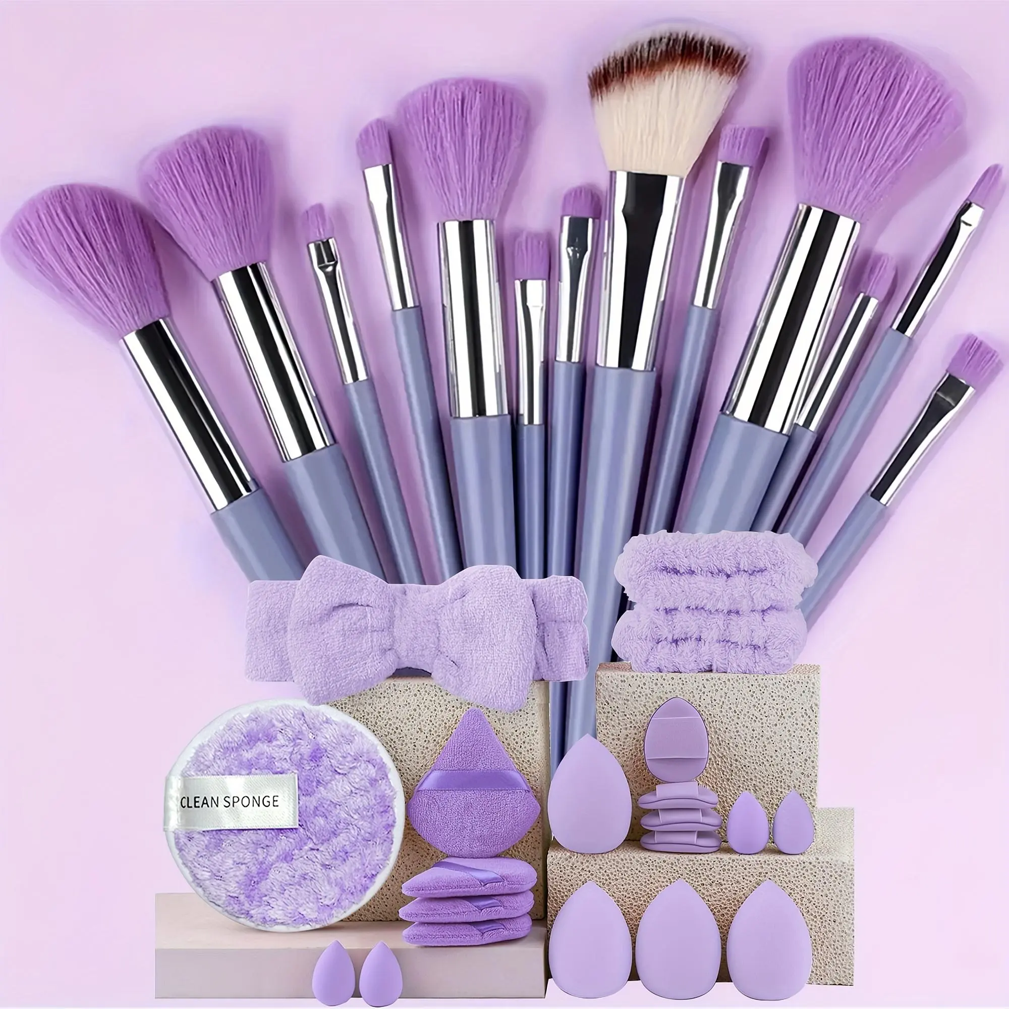 Makeup Tool Set, 33pcs/set Makeup Brush & Sponge & Powder Puff & Headband & Wristband, Professional Makeup Tools for Home, Outdoor Travel, Dating Use, Cosmetic