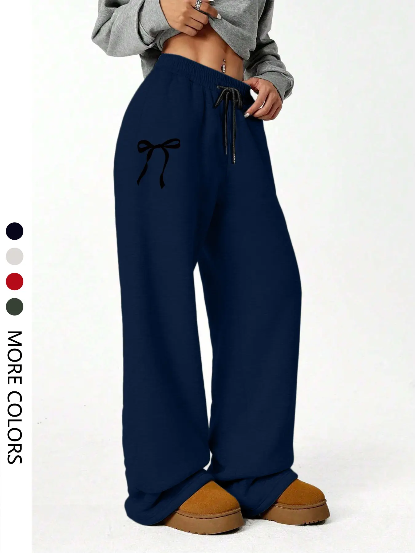 Women's Casual Sporty Long Pants, Bow Print Sweatpants, Drawstring Loose Wide Leg, All Season Fashion, Ladies' Comfortable Trousers, Sports Bottoms