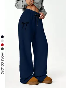 Women's Casual Sporty Long Pants, Bow Print Sweatpants, Drawstring Loose Wide Leg, All Season Fashion, Ladies' Comfortable Trousers, Sports Bottoms
