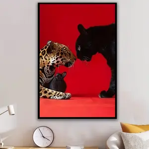 Unframed Leopard Print Canvas Wall Art – A Modern Black and White Animal Portrait Set Against a Red Background, Designed as a Bold Decor Piece for Living Rooms, Dining Rooms, or Offices with a Striking Visual Contrast.
