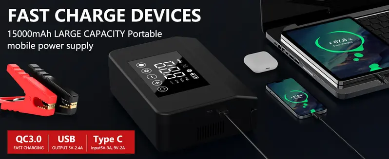 Product Introduction of 【Hieha】Portable Car Jump Starter, 4000A Car Battery Jump Starter with 150PSI Tire Inflator, 12V Car Battery Jump Starter, 15000mAh Power Bank, with LED Light 4