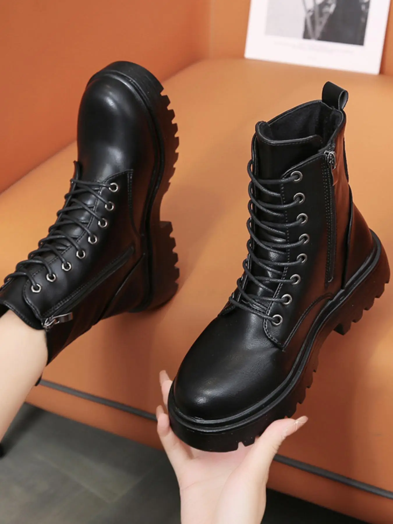 1 Pair Women's Lace up Front Zipper Side Design Solid Color Boots, Fashionable Round Toe Boots for Daily Wear, Outdoor Party, Fashion Women's Shoes fo