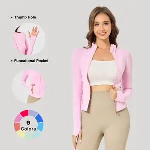 Women’s solid-color zip-up sports jacket with pockets, gold zipper, lightweight yoga/tennis workout outerwear for gym workouts; pickleball clothing