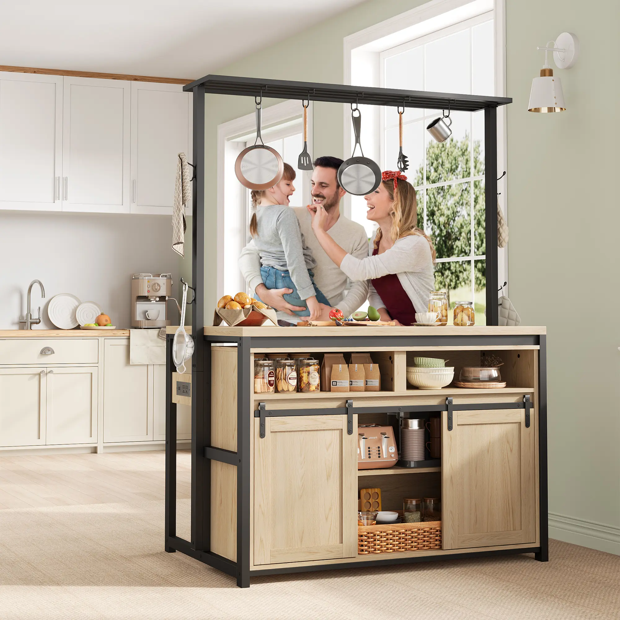 42 in Kitchen Island with Power Outlet & Butcher Block Top, Multi-Functional Dining and Living Room Cabinet,Open Shelf Storage for Dining Room, Natural Wood
