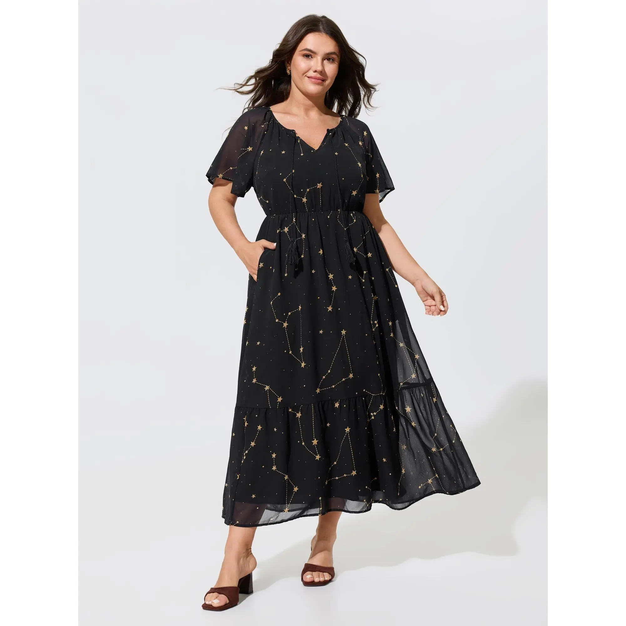 BLOOMCHIC Women's Plus Size Polyester Smooth Garment Short-Sleeve Constellation Print Tassel Tie Neck Casual Maxi Dress [M-6X] Summer Finds