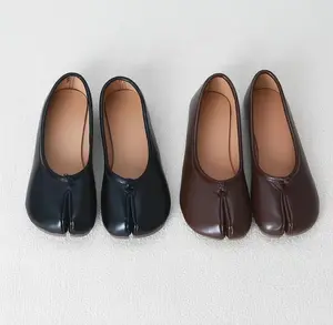 Bow Knot Tabi Split-Toe Flats, Soft Leather Slip-On Shoes, Retro Casual Footwear for Women, 4-Color Options