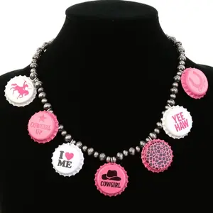 Pink Cowgirl Bottle Cap Charm Necklace